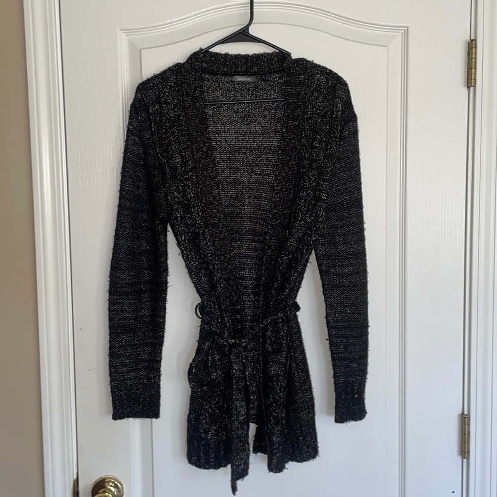 Black with thin silver threading cardigan with tie